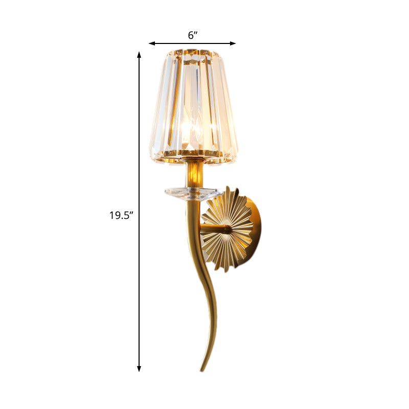 Modern Gold Wall Sconce Light With Crystal Prism - Clear Tapered Shade Ideal For Stairways
