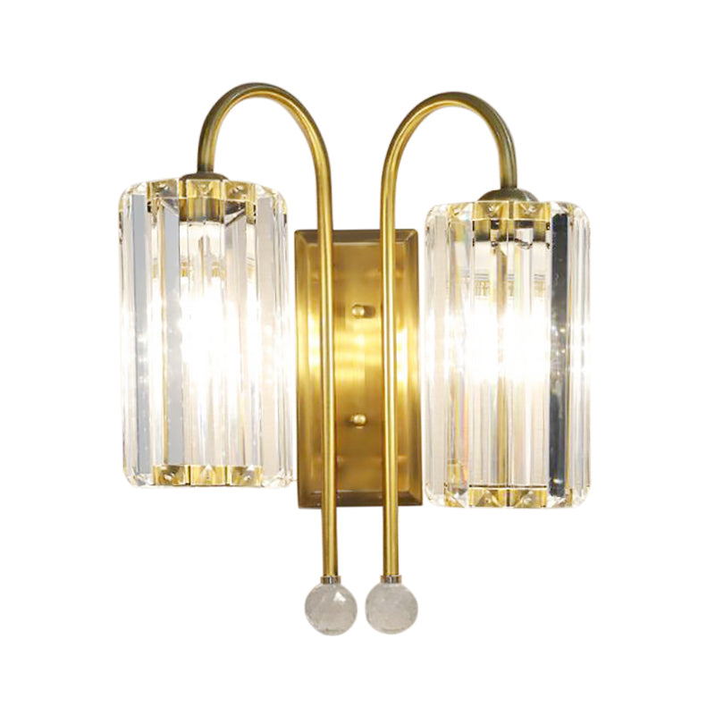 Vintage Gold Metal Gooseneck Wall Light With Clear Crystal Shade - Cylindrical 1/2-Bulb Sconce