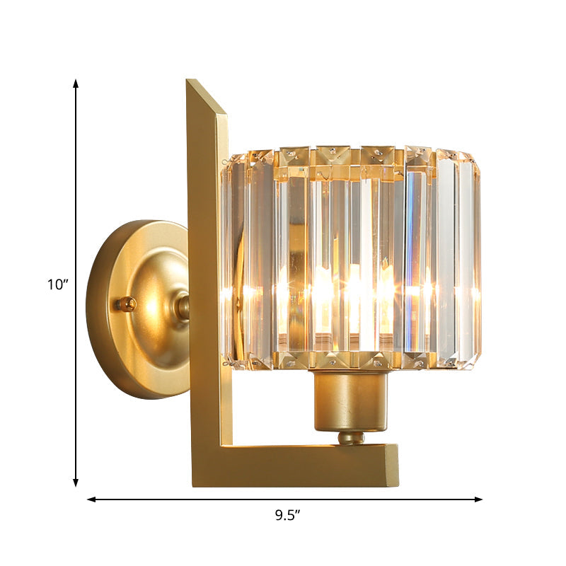 Contemporary Clear Crystal Drum Wall Sconce Lighting - Black/Gold 1 Light Lamp For Bedroom