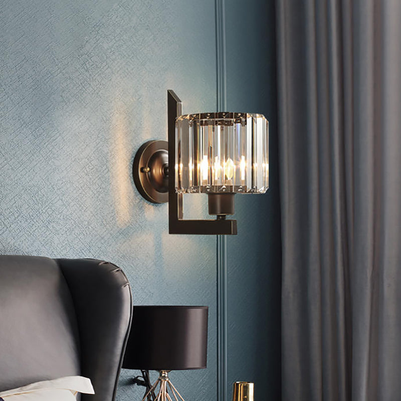 Contemporary Clear Crystal Drum Wall Sconce Lighting - Black/Gold 1 Light Lamp For Bedroom Black
