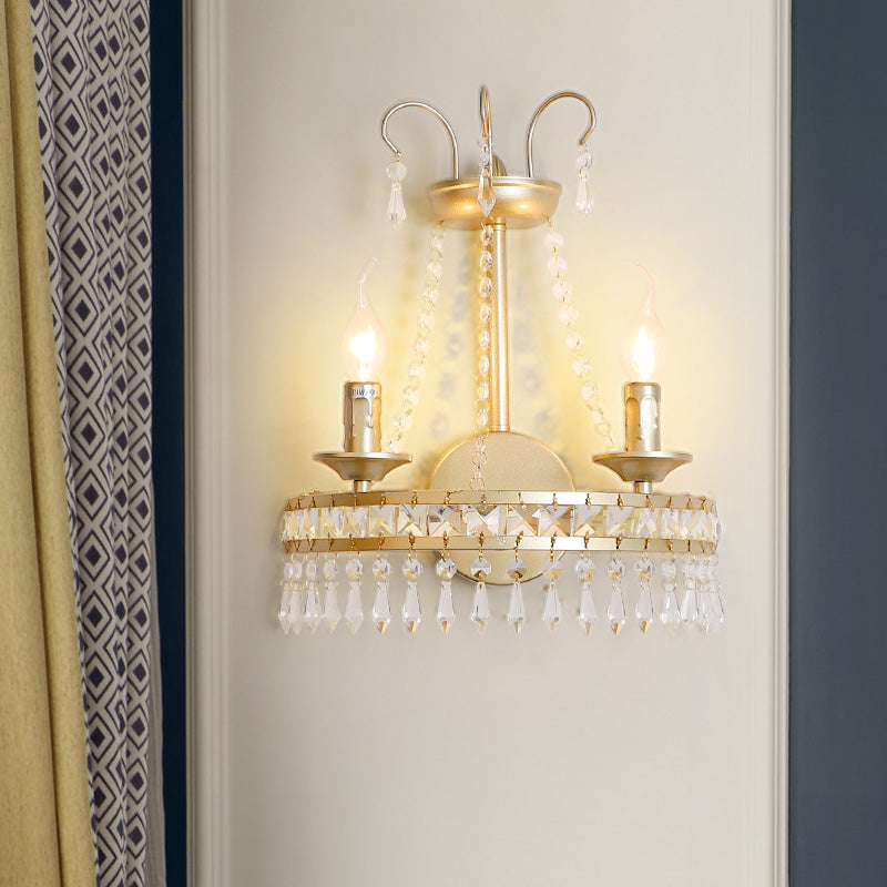 Vintage Gold Wall Lamp With Crystal Accent - Metallic Exposed 2-Light Fixture For Hallway