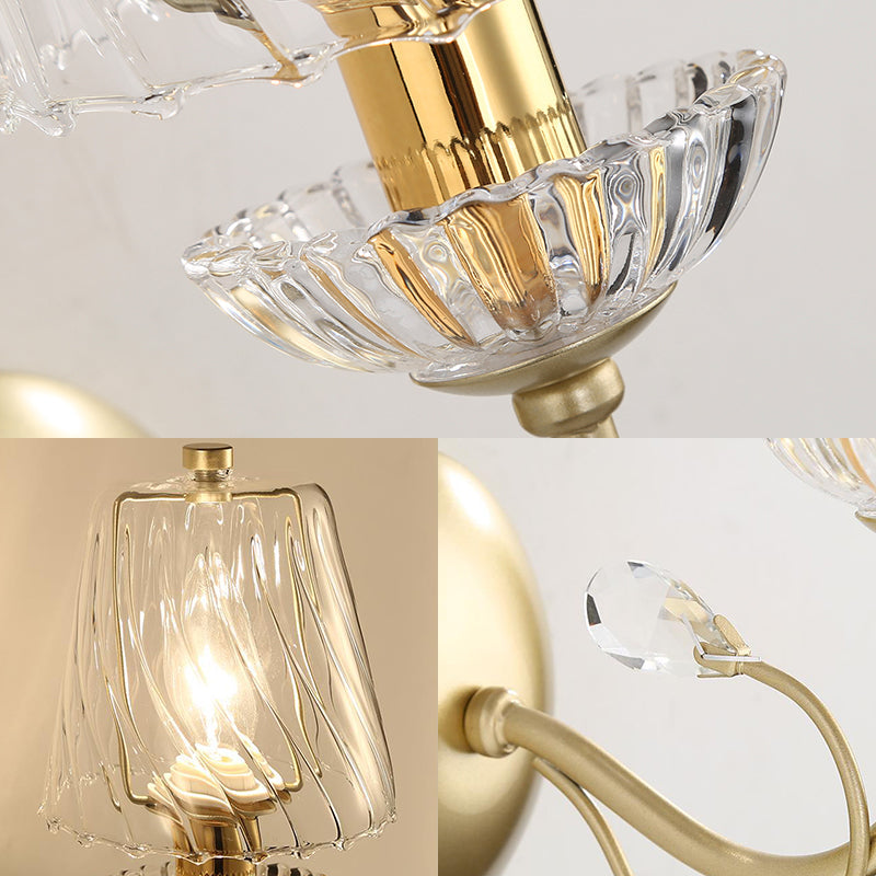 Contemporary Swirl Glass Cone Wall Light With Crystal Deco - Gold