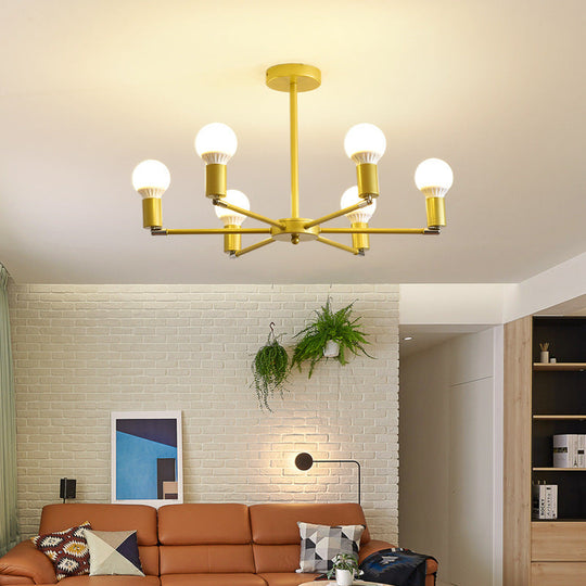 Gold Radial Chandelier With Bare Bulb - Modern 3/4/6 Ceiling Lights For Bedroom 6 /