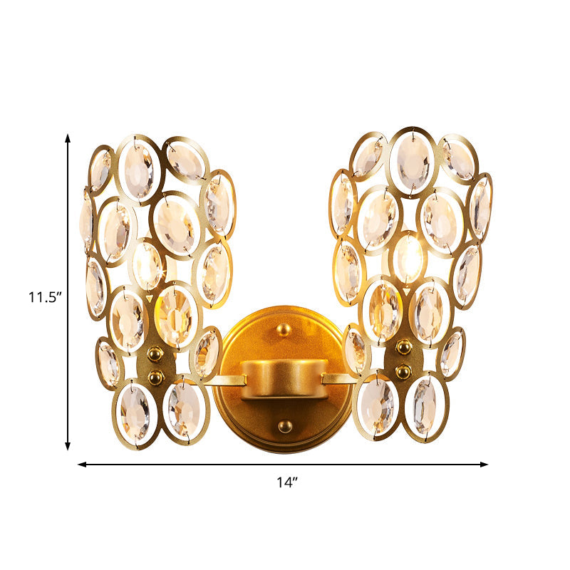 Modern Gold Circles Wall Sconce Light With Crystal Deco - 2 Lights For Bedroom