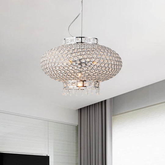 Contemporary Chrome Lantern Chandelier with Clear Crystal Beads - 4-Light Metal Hanging Light