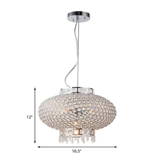 Contemporary Chrome Lantern Chandelier With Crystal Beads - 4-Light Hanging Fixture