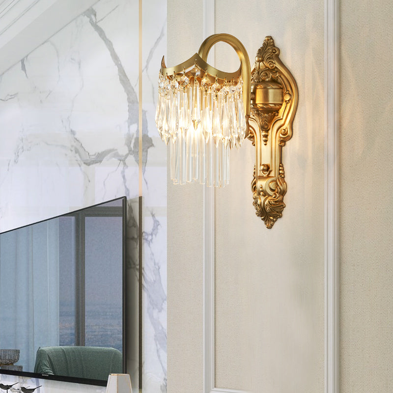 Contemporary Metal Gooseneck Wall Lamp With Clear Crystal Prism In Gold For Corridor