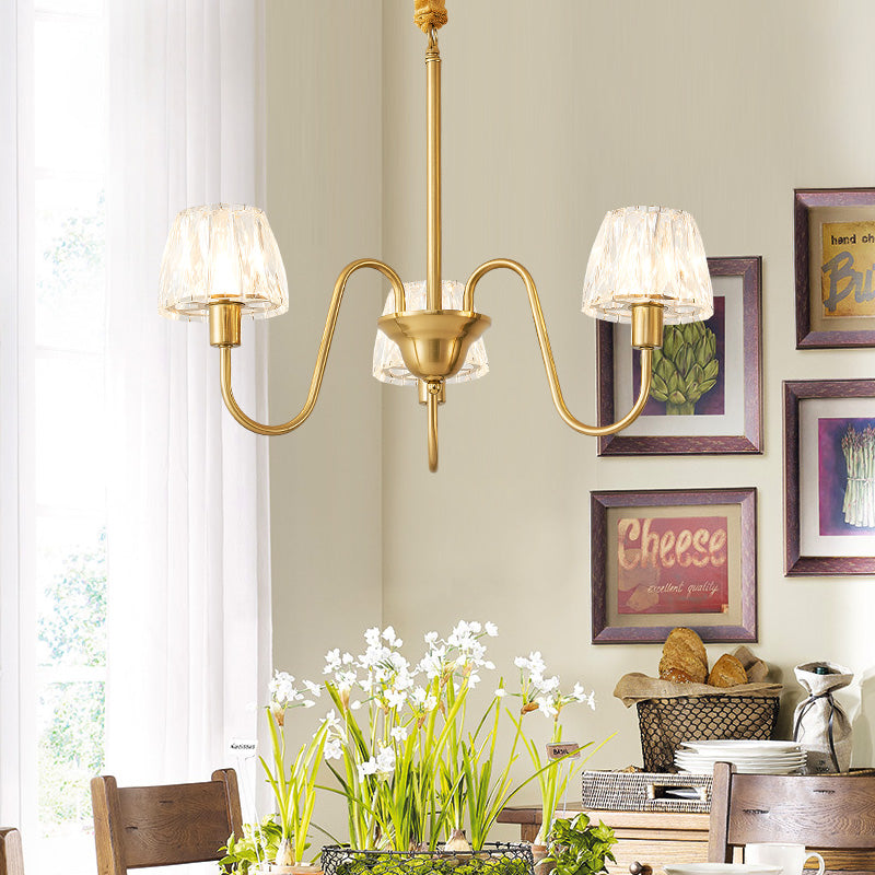 Modern Crystal Cone Ceiling Light With Brass Finish - 3/6/8 Lights And Curved Arm