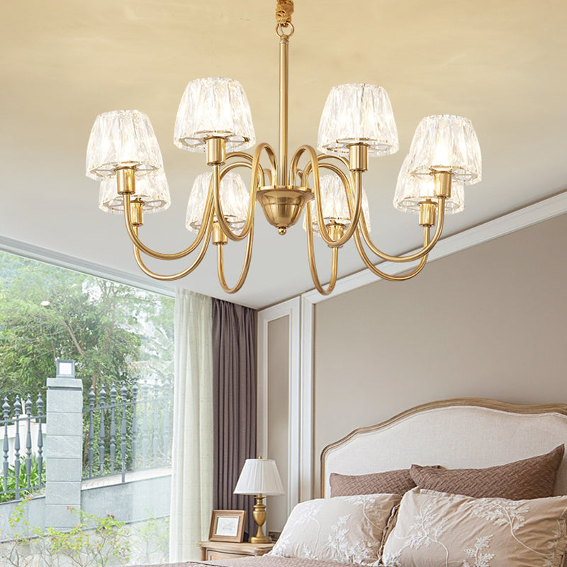 Modern Crystal Cone Ceiling Light With Brass Finish - 3/6/8 Lights And Curved Arm 8 / Brushed