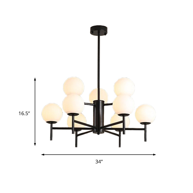 Contemporary Black/Gold Globe Chandelier with Radial Design - 6/8/9 Lights, Milk Glass Hanging Lamp