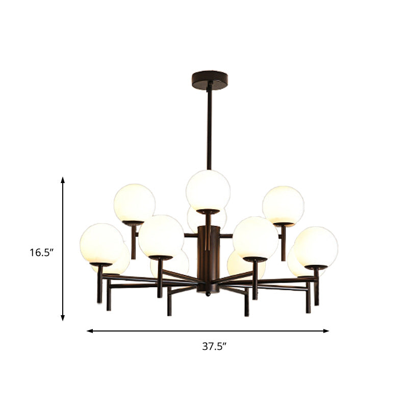 Contemporary Black/Gold Globe Chandelier with Radial Design - 6/8/9 Lights, Milk Glass Hanging Lamp