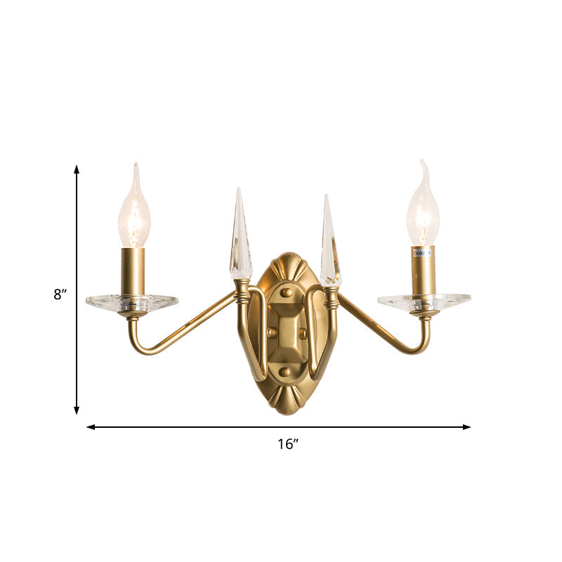 Iron Candle Wall Light Sconce With Crystal Decoration - Modern 2 Head Gold Finish