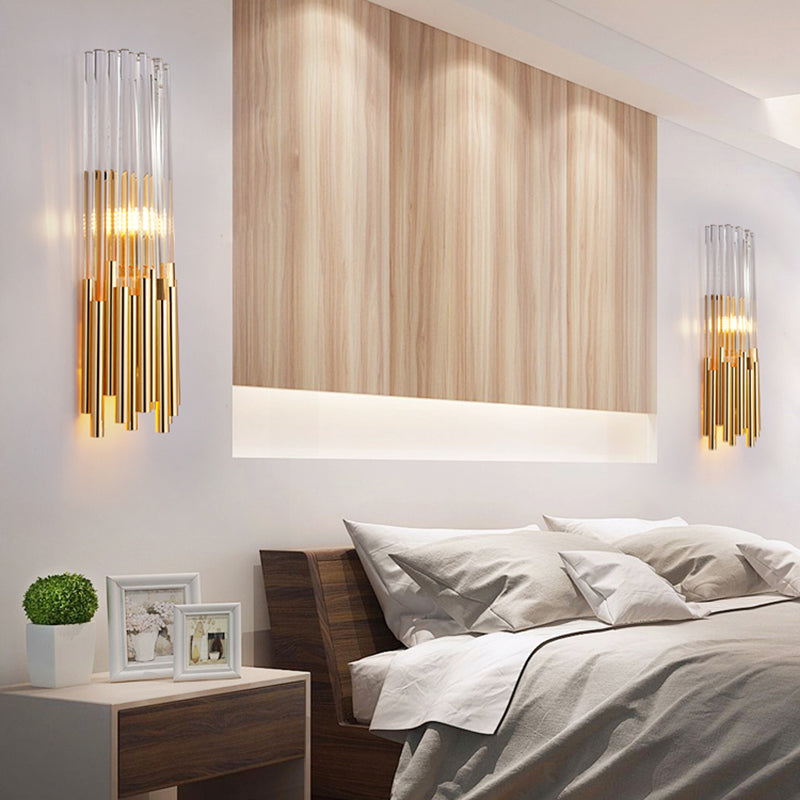 Modernist Metal Led Wall Sconce Light With Crystal Prism: Cylinder Fixture In Brass/Gold Brass