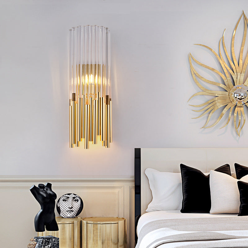 Modernist Metal Led Wall Sconce Light With Crystal Prism: Cylinder Fixture In Brass/Gold