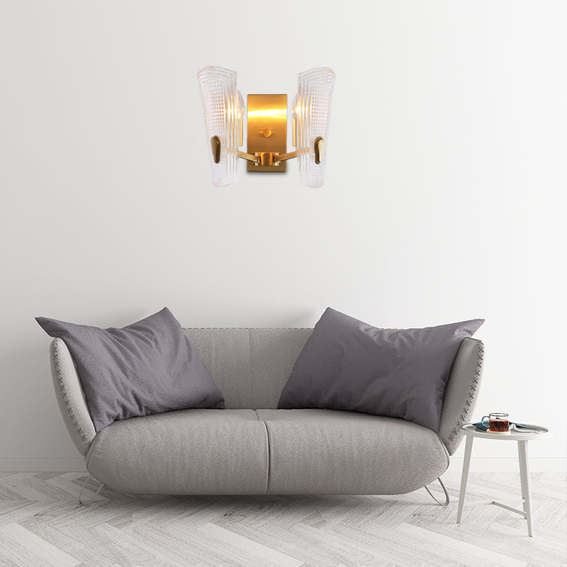 Modern Gold Rectangle Backplate Metal Wall Lamp With Prismatic Glass Shade - 1/2-Head Sconce Light