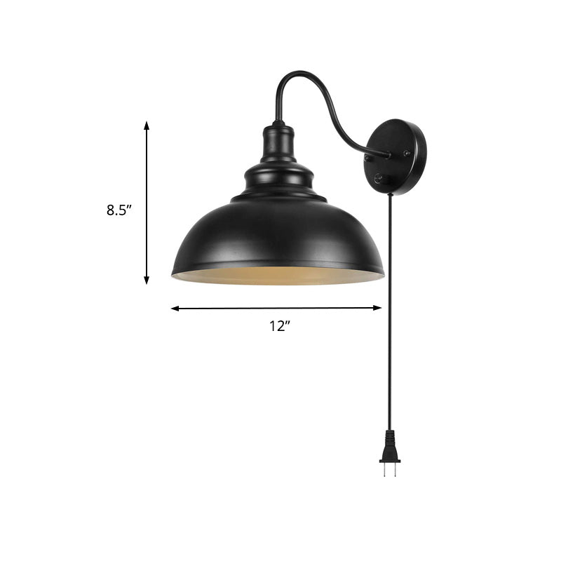 Farmhouse Black Metal Dome Sconce Light - Bedroom Wall Lamp With Plug-In Cord