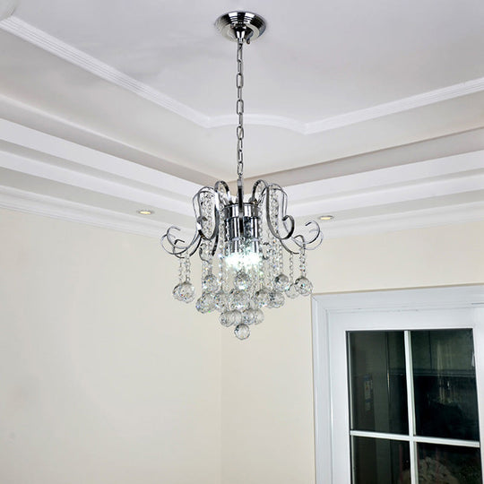 Modern Chrome Pendant Light With Crystal Ball Accents - Indoor Geometric Chandelier Lamp
