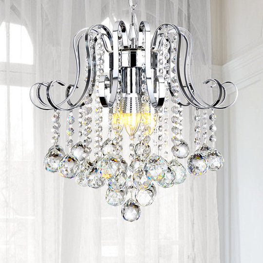 Modern Chrome Pendant Light With Crystal Ball Accents - Indoor Geometric Chandelier Lamp