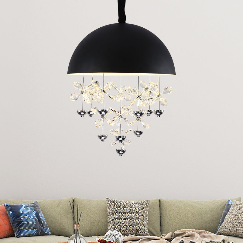 Domed Pendant Light with Crystal Flower Deco - Modern Metal Hanging Ceiling Light (6/10 Lights) in Black/White