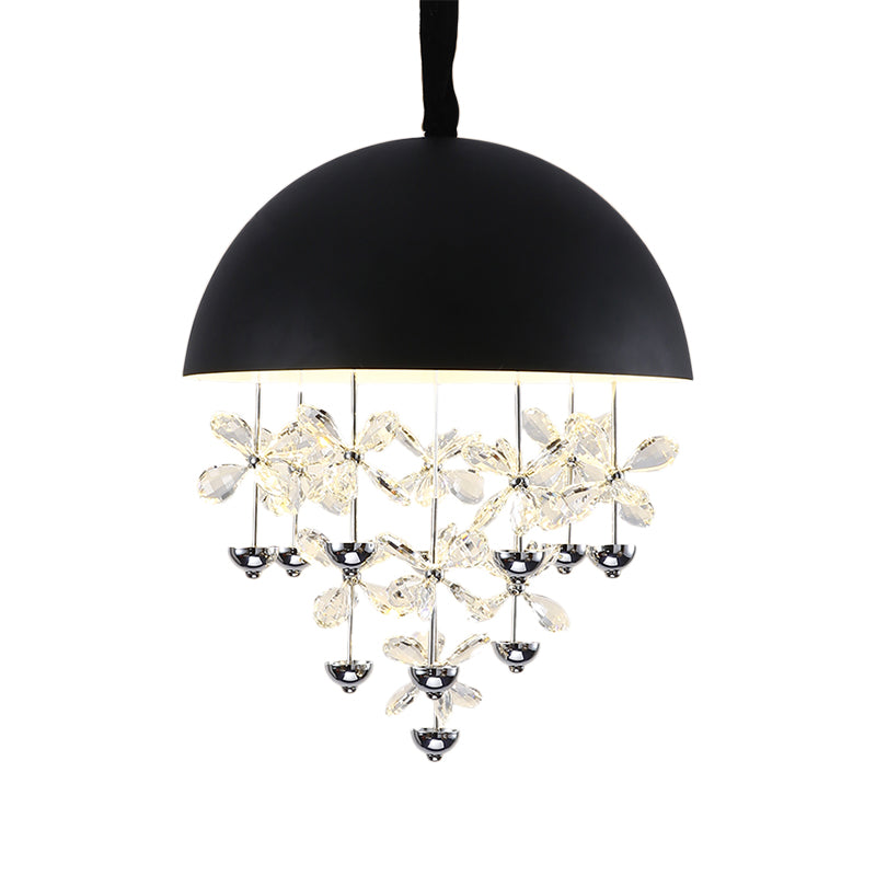 Modern Metal Pendant Light With Crystal Flower Deco - 6/10 Lights Domed Design Black/White