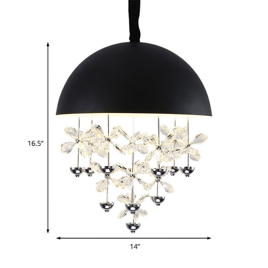Domed Pendant Light with Crystal Flower Deco - Modern Metal Hanging Ceiling Light (6/10 Lights) in Black/White