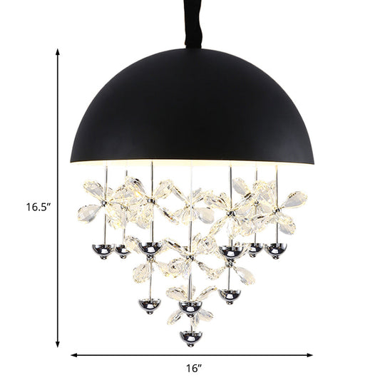 Modern Metal Pendant Light With Crystal Flower Deco - 6/10 Lights Domed Design Black/White