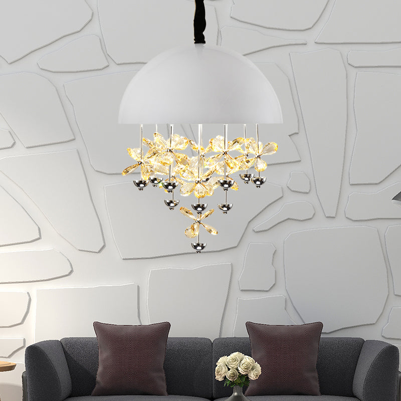 Modern Metal Pendant Light With Crystal Flower Deco - 6/10 Lights Domed Design Black/White White /