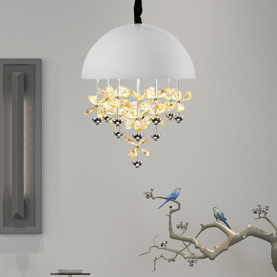 Modern Metal Pendant Light With Crystal Flower Deco - 6/10 Lights Domed Design Black/White White /
