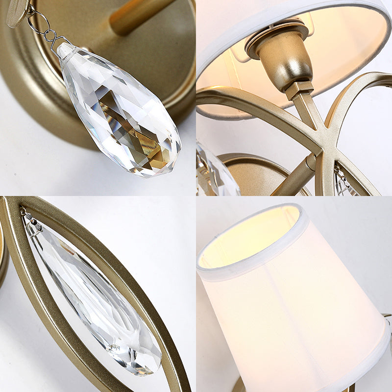 Modern 1-Light Conic Wall Lamp With Teardrop Crystal Deco In Brass - Stylish Fabric Sconce For