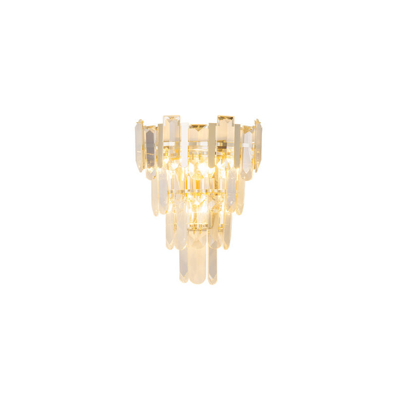 Contemporary Gold Wall Lamp With 3 Clear Crystal Layers - Bedroom Lighting