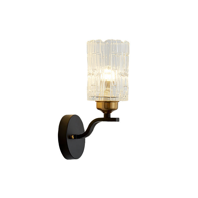 Contemporary Clear Crystal Cylinder Wall Light Sconce With Metal Curved Arm In Black