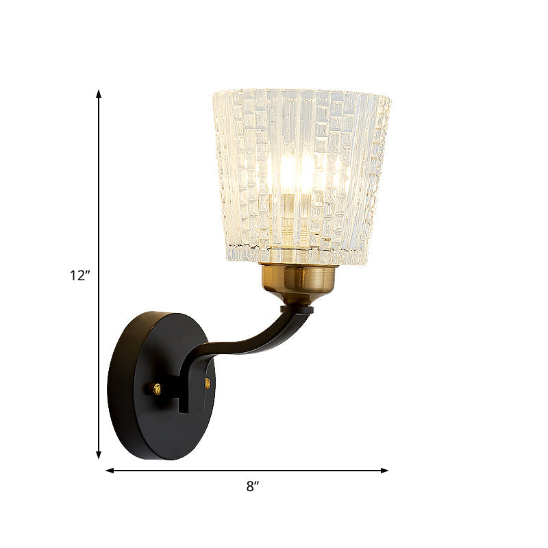 Modern Black Metal Sconce Light With Textured Glass Shade - 1 Conical Wall Lighting