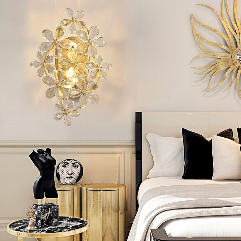 Vintage Style Gold Crystal Flower Wall Sconce - Bedroom Lamp