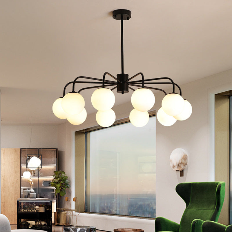 Modern White Glass Globe Chandelier With Elegant Radial Design - 6/8/10 Lights Curved Arm Hanging