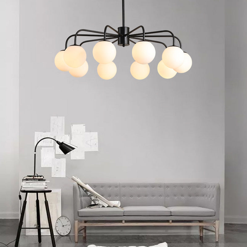 Modern White Glass Globe Chandelier with Radial Design - 6/8/10 Lights, Hanging Ceiling Light, Curved Arm