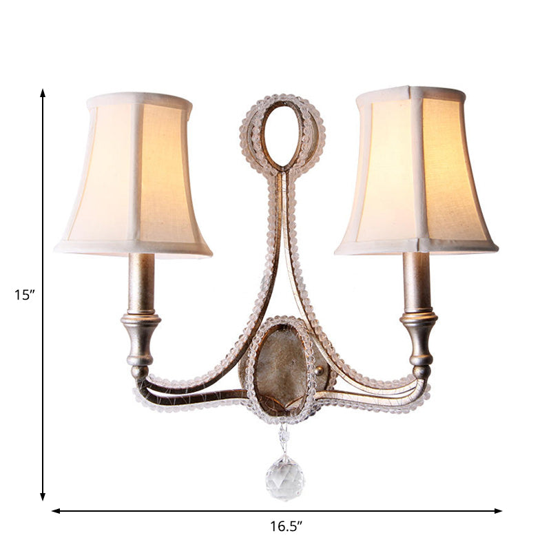 2-Head Retro Loft Fabric Wall Light - Conical Sconce With Crystal Beaded Strand Aged Silver