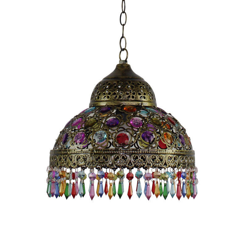 Bohemia Dome Pendant Light - Rustic Aged Brass with Crystal Bead Accent - Ideal for Restaurants