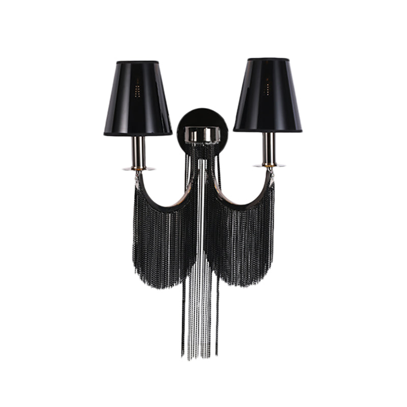 Modernist 2-Light Plastic Cone Shade Wall Sconce With Aluminum Tassel In Black/Silver