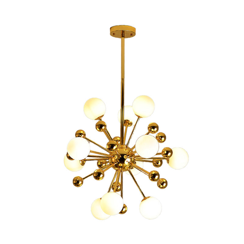 Gold Starburst Metal Chandelier Pendant Lamp With Multi Lights And White Glass Ball Shade -
