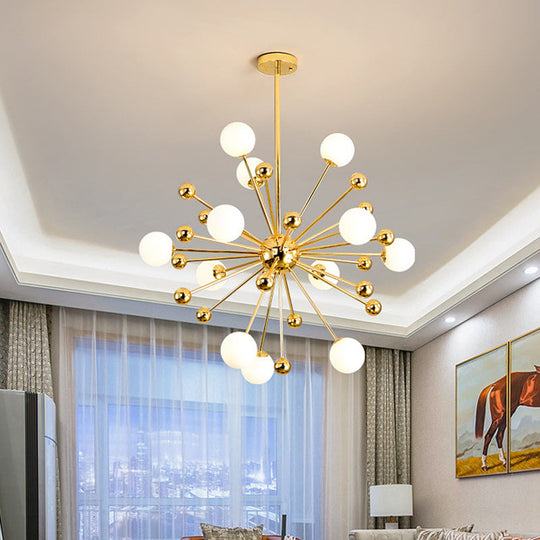 Gold Starburst Chandelier with White Glass Ball Shades - Designer Multi-Light Pendant Lamp - Various Width Options: 23.5", 31.5", 39