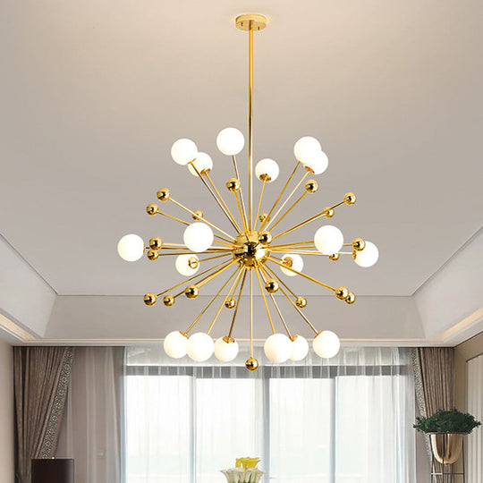 Gold Starburst Metal Chandelier Pendant Lamp With Multi Lights And White Glass Ball Shade -