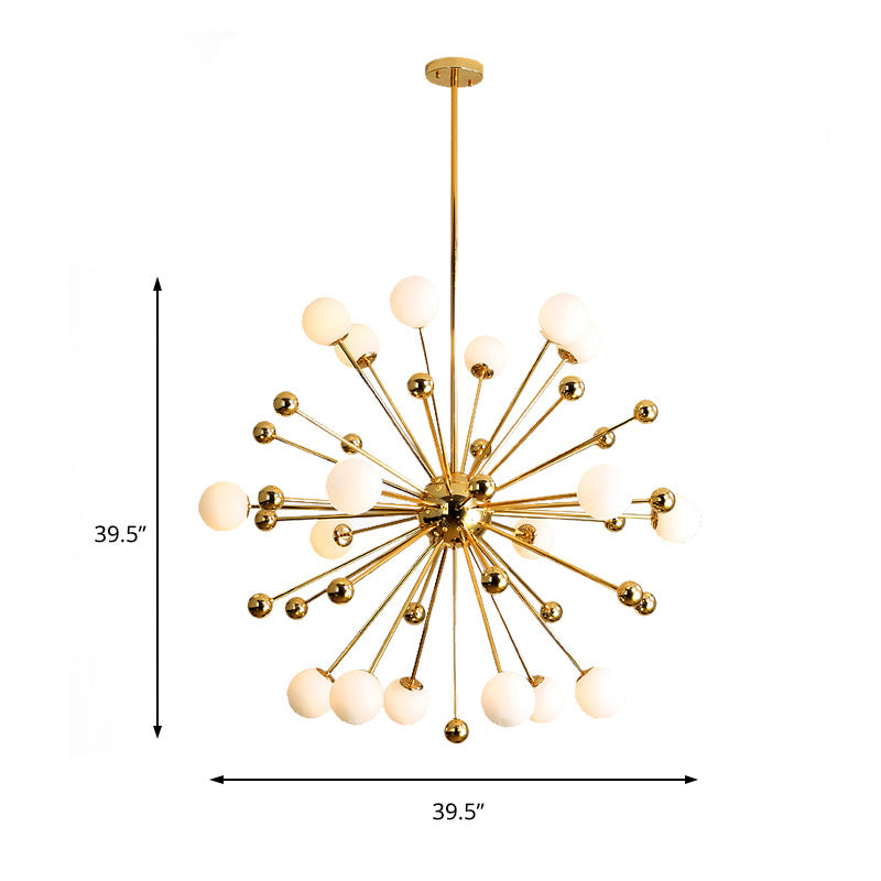 Gold Starburst Chandelier with White Glass Ball Shades - Designer Multi-Light Pendant Lamp - Various Width Options: 23.5", 31.5", 39