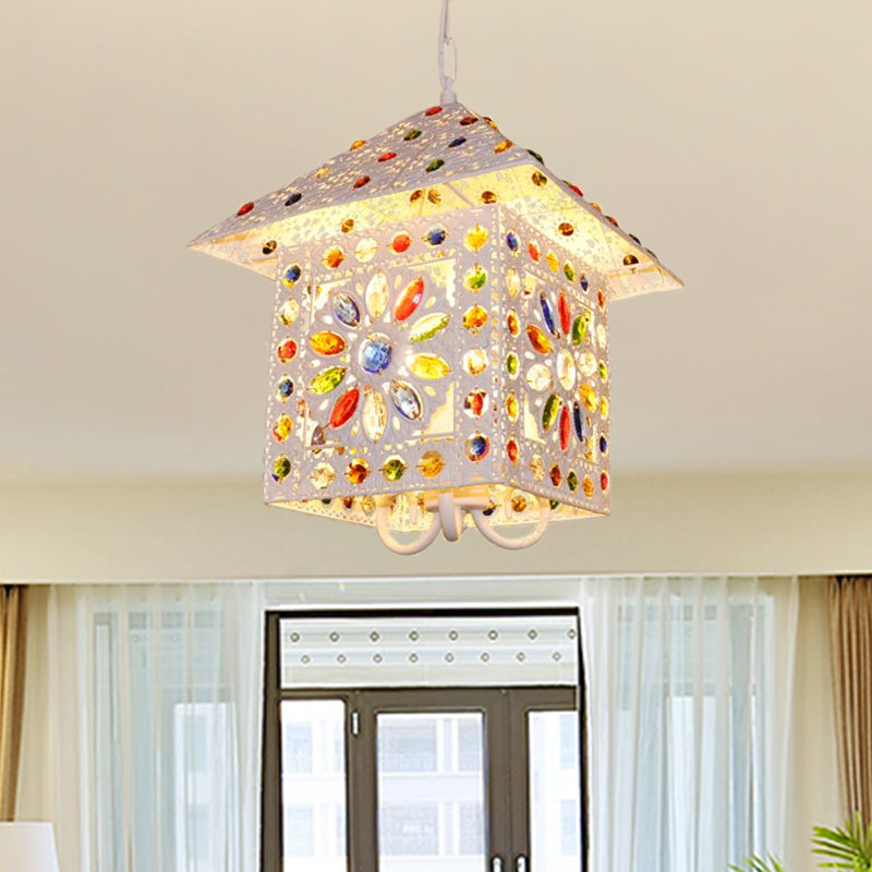 Bohemia House Metal Chandelier Light with Crystal Gem Accents - 3 Lights Pendant Lamp in White Finish