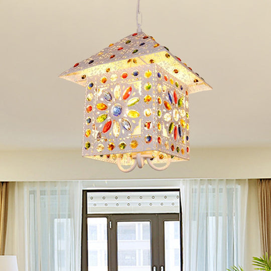 Bohemia House Shade Chandelier - Elegant Metal Pendant Lamp With Crystal Gem And White Finish