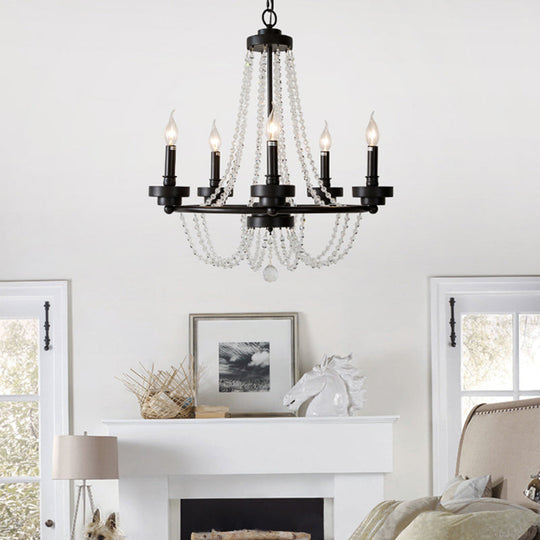 Modern Candle Chandelier - Metal Pendant Lamp with Crystal Beaded Strand (5/6 Lights) in Black