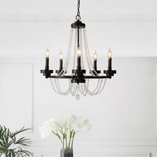 Modernist Metal Pendant Lamp With Crystal Beaded Strand - Black 5/6 Lights