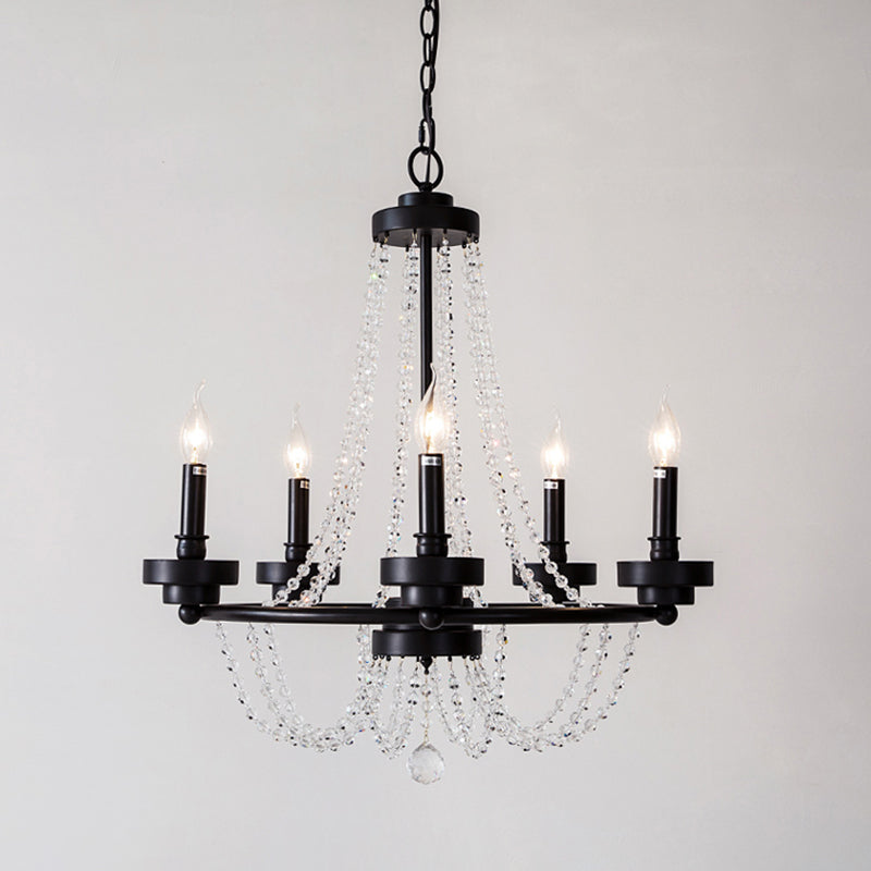 Modernist Metal Pendant Lamp With Crystal Beaded Strand - Black 5/6 Lights