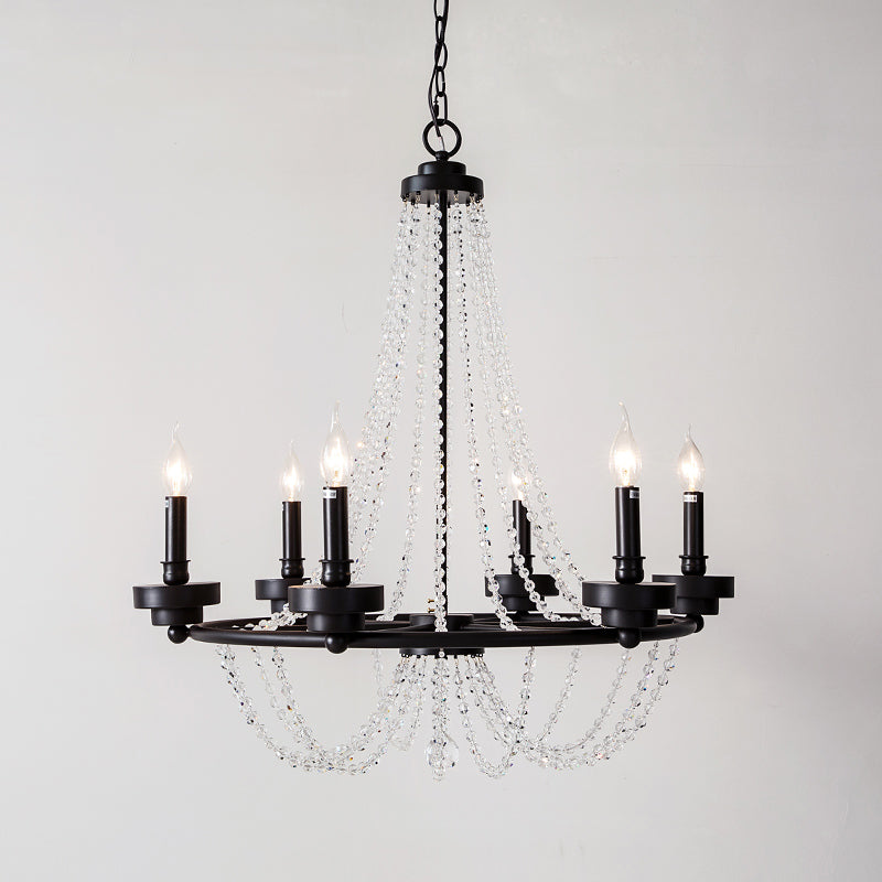 Modern Candle Chandelier - Metal Pendant Lamp with Crystal Beaded Strand (5/6 Lights) in Black