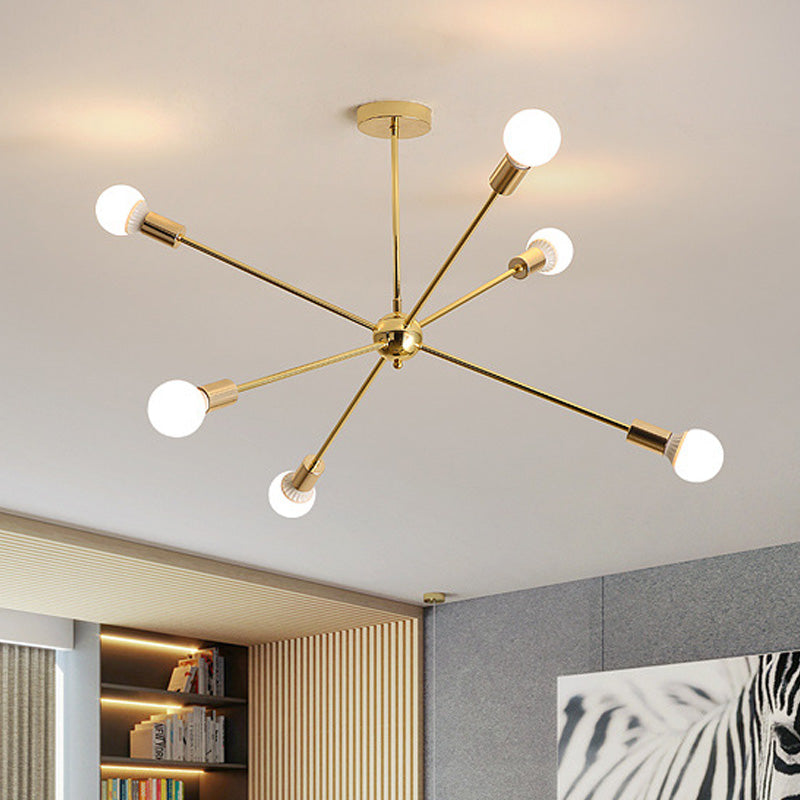 Modernist Metal Starburst Chandelier Light - 26"/38.5" Wide, Gold, 6/10/12 Lights - Hanging Ceiling Lamp with Bare Bulbs