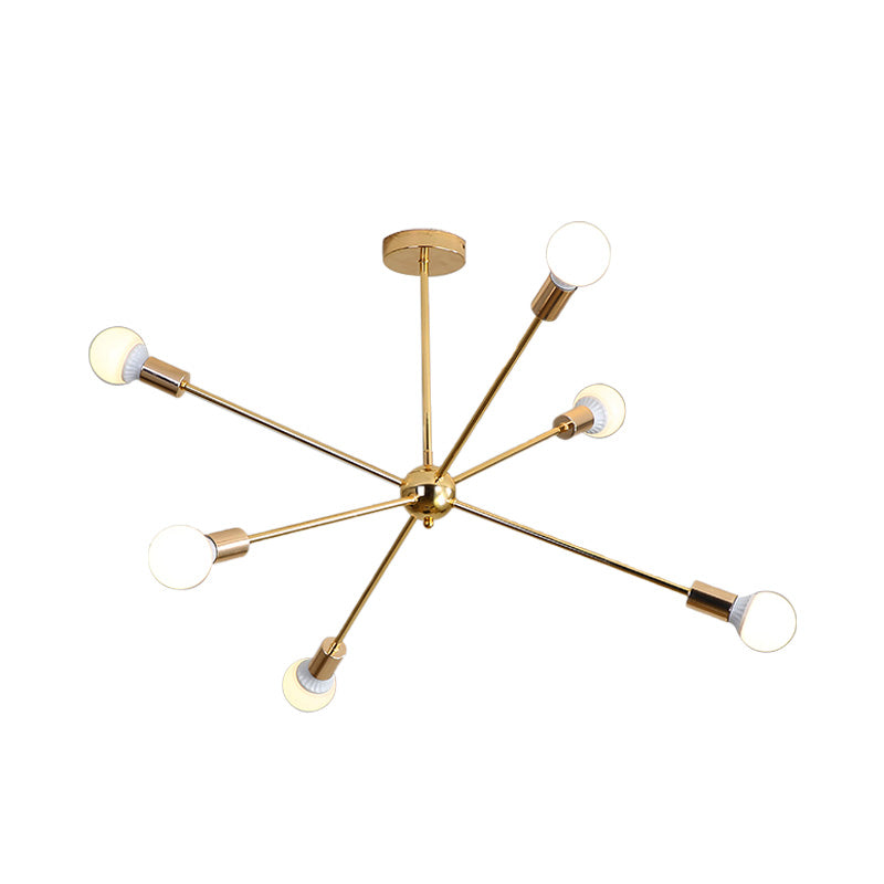 Modernist Metal Starburst Chandelier Light - 26"/38.5" Wide, Gold, 6/10/12 Lights - Hanging Ceiling Lamp with Bare Bulbs